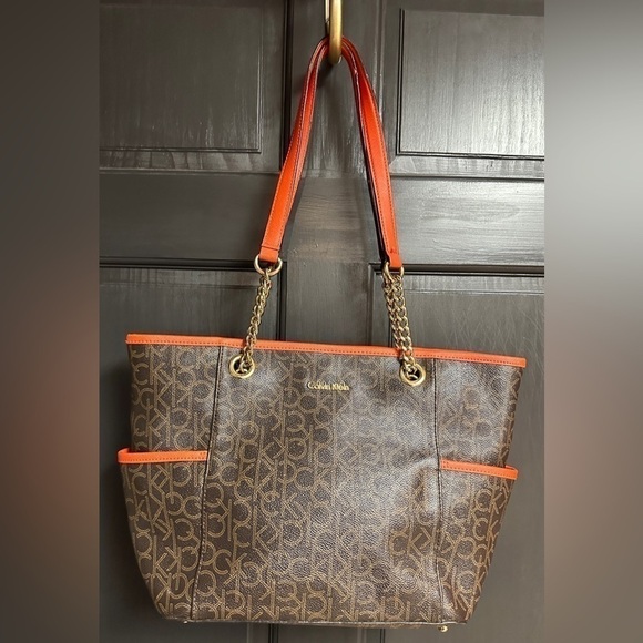 Calvin Klein Dark Brown Initial Logo Tote with Orange Trim & Handles Large Size - Picture 1 of 15